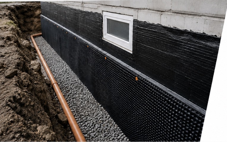 Freigelegte und abgedichtete Kelleraußenwand mit Drainage